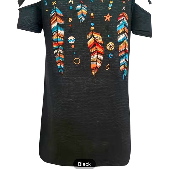 🔖CLEARANCE🔖 NWT 🪶 BLACK BOHO TRIBAL FEATHER COLD SHOULDER ZIPPER TOP Women’s 1X - Picture 7 of 9